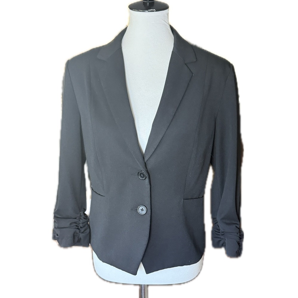 Express Black Ruched 3/4 Sleeve Two Button Black Blazer Jacket Womens Size 12